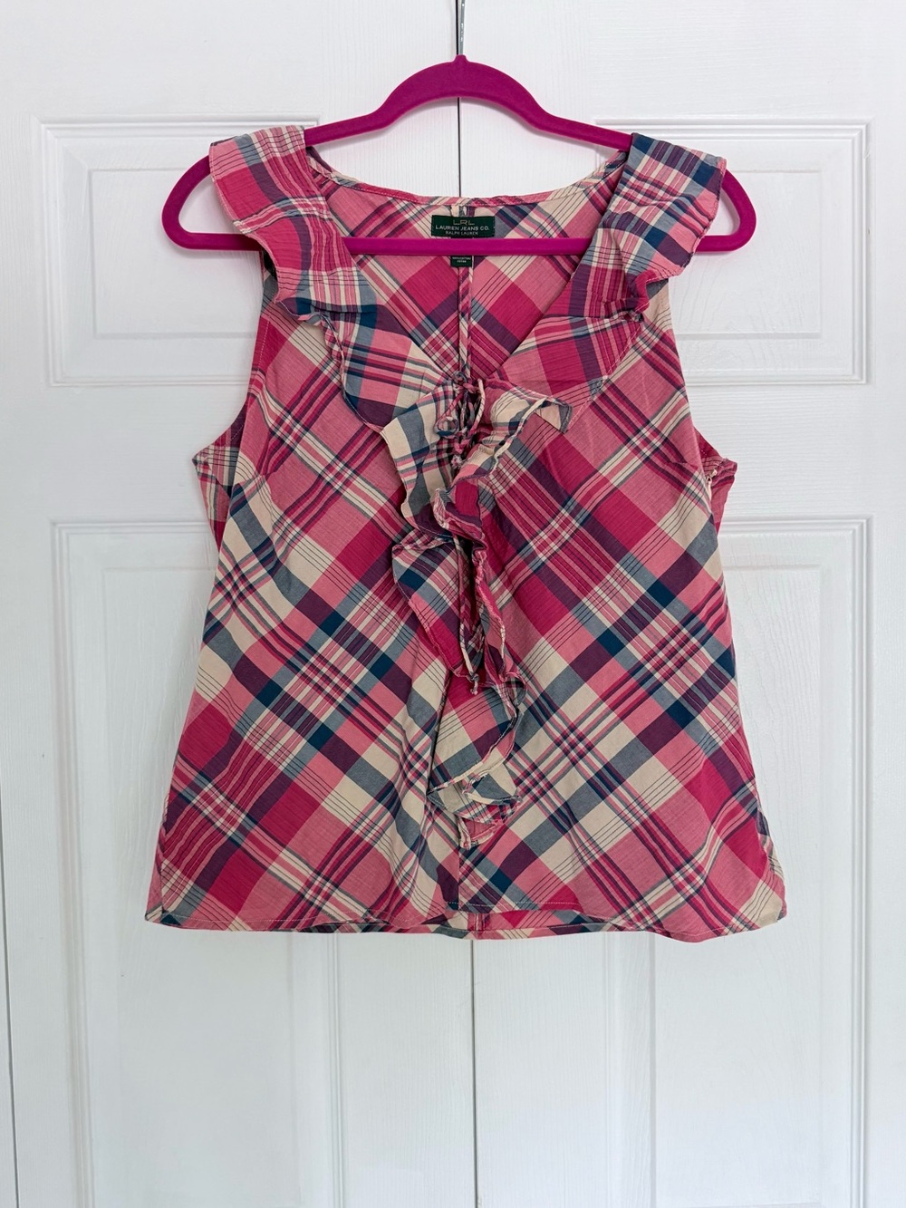 Lauren Ralph Lauren Cotton Pink Plaid Sleeveless Ruffle Front Blouse size large